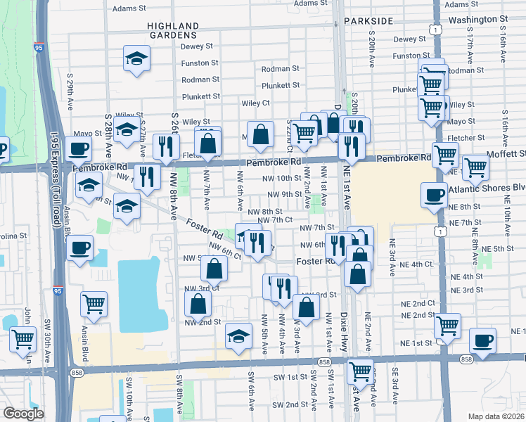 map of restaurants, bars, coffee shops, grocery stores, and more near 506 Northwest 8th Street in Hallandale Beach