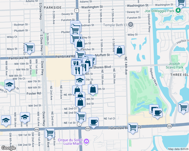 map of restaurants, bars, coffee shops, grocery stores, and more near 801 Northeast 7th Street in Hallandale Beach