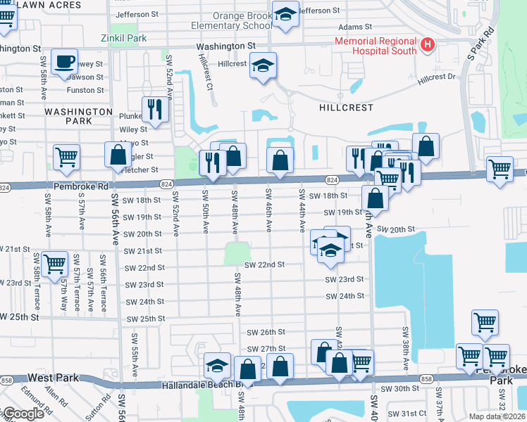 map of restaurants, bars, coffee shops, grocery stores, and more near 4612 Southwest 19th Street in West Park