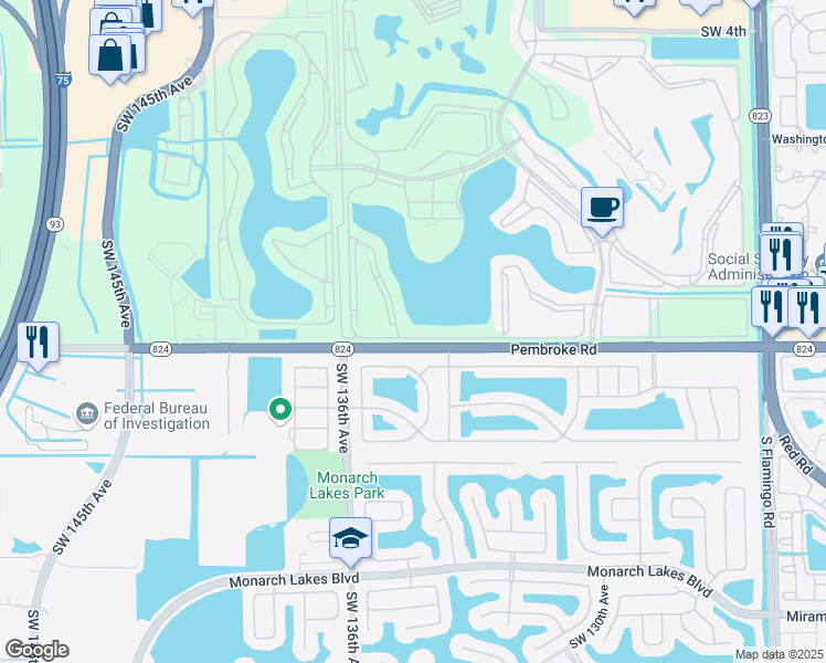 map of restaurants, bars, coffee shops, grocery stores, and more near 13355 Southwest 16th Court in Pembroke Pines