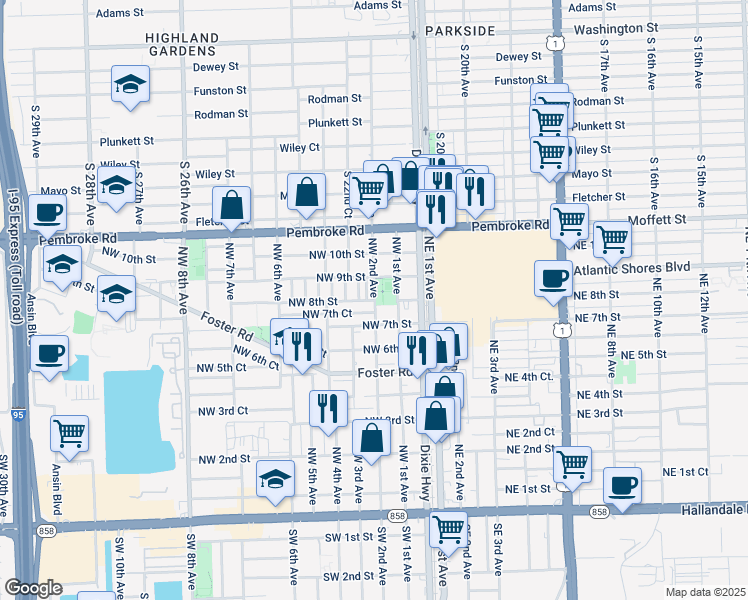 map of restaurants, bars, coffee shops, grocery stores, and more near 208 Northwest 7th Court in Hallandale Beach