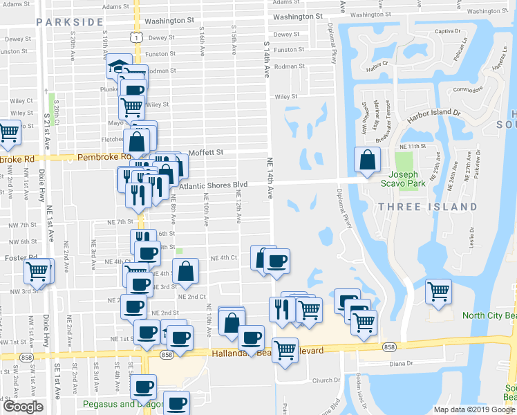 map of restaurants, bars, coffee shops, grocery stores, and more near 1301 Northeast 7th Street in Hallandale Beach