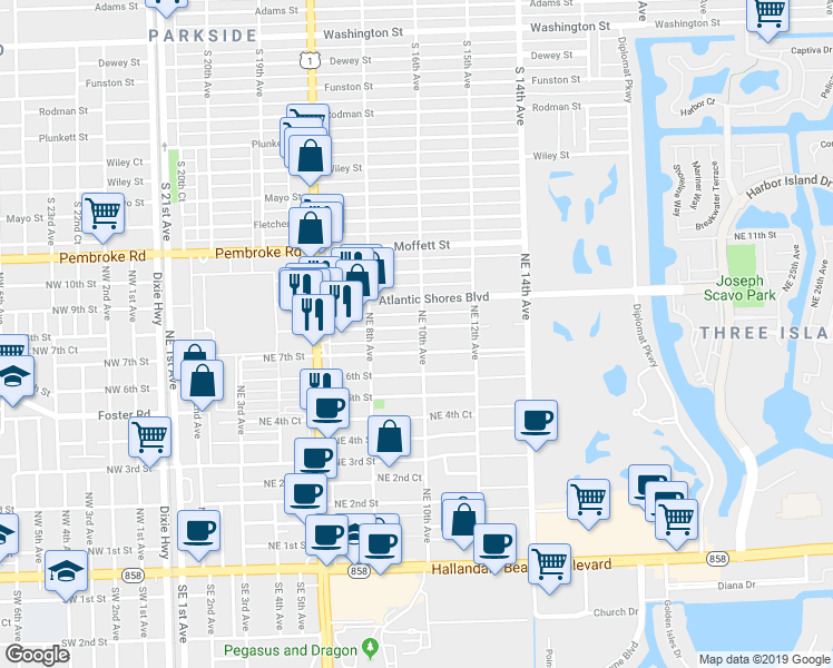 map of restaurants, bars, coffee shops, grocery stores, and more near 917 Northeast 7th Street in Hallandale Beach