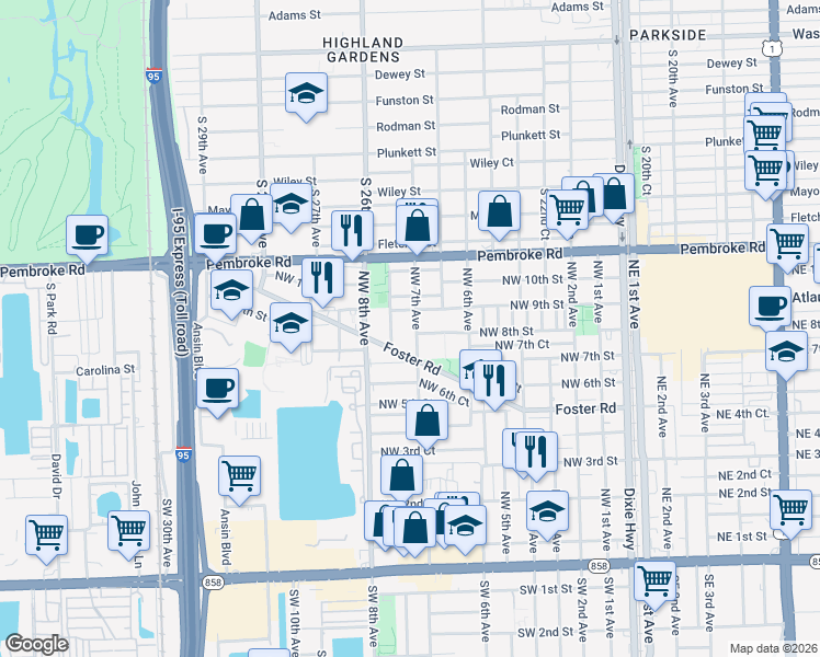 map of restaurants, bars, coffee shops, grocery stores, and more near 809 Northwest 7th Avenue in Hallandale Beach