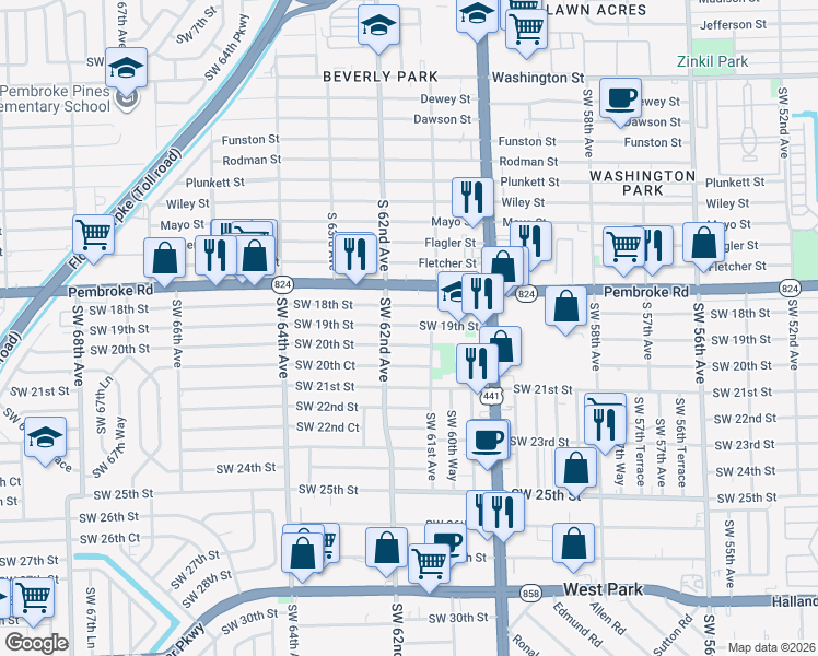 map of restaurants, bars, coffee shops, grocery stores, and more near 6101 Southwest 20th Street in Miramar