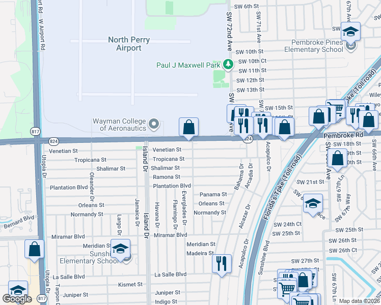 map of restaurants, bars, coffee shops, grocery stores, and more near 7561 Tropicana Street in Miramar