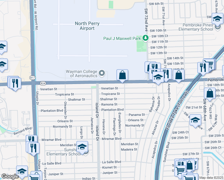 map of restaurants, bars, coffee shops, grocery stores, and more near 7637 Tropicana Street in Miramar