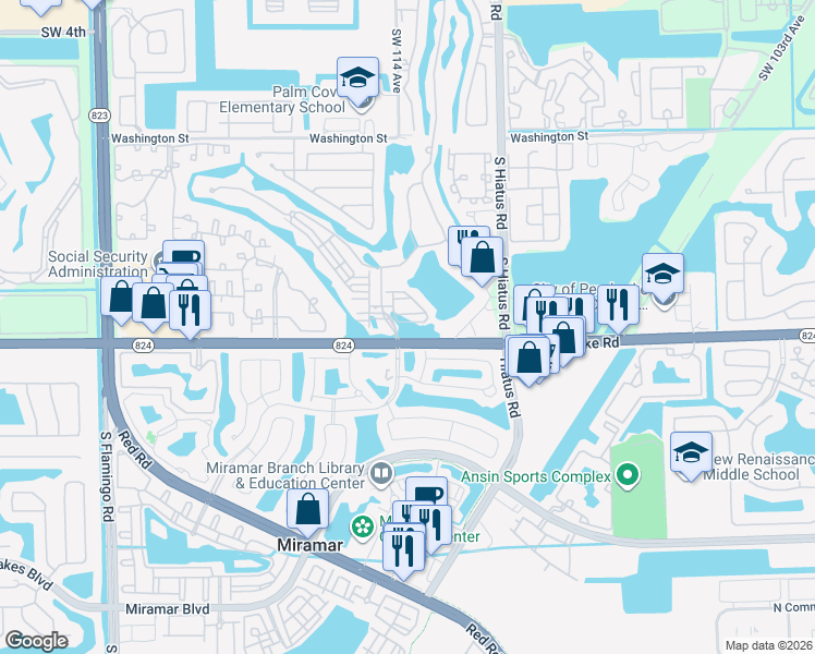 map of restaurants, bars, coffee shops, grocery stores, and more near 11322 Southwest 16th Street in Pembroke Pines