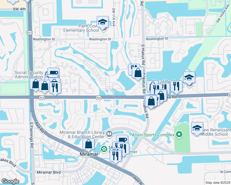 map of restaurants, bars, coffee shops, grocery stores, and more near 11322 Southwest 16th Street in Pembroke Pines