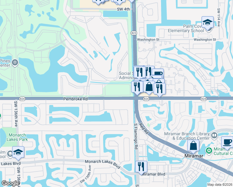 map of restaurants, bars, coffee shops, grocery stores, and more near 12651 Southwest 16th Court in Pembroke Pines