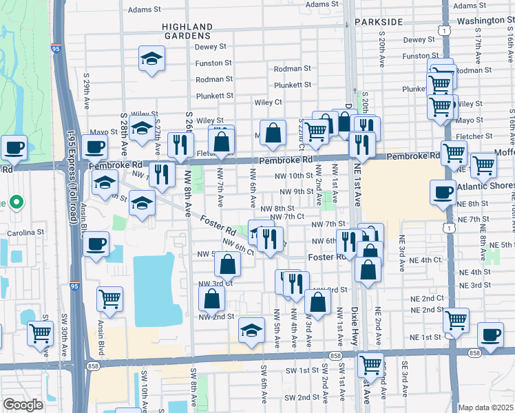 map of restaurants, bars, coffee shops, grocery stores, and more near 804 Northwest 6th Avenue in Hallandale Beach