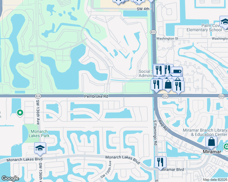map of restaurants, bars, coffee shops, grocery stores, and more near 12755 Southwest 16th Court in Pembroke Pines