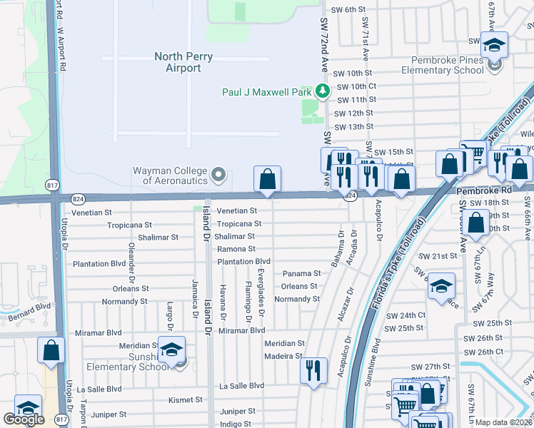 map of restaurants, bars, coffee shops, grocery stores, and more near 7560 Venetian Street in Miramar