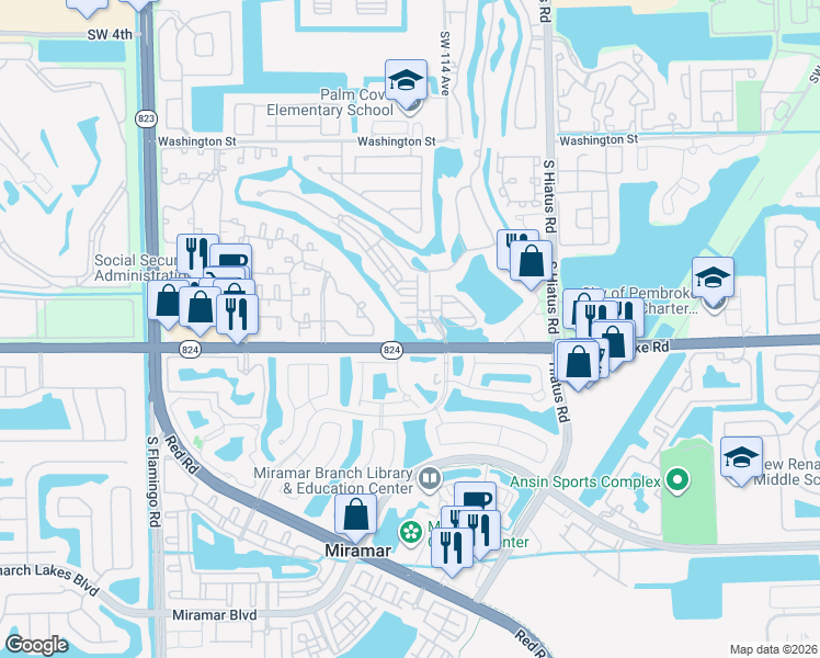 map of restaurants, bars, coffee shops, grocery stores, and more near 11500 Southwest 16th Street in Pembroke Pines