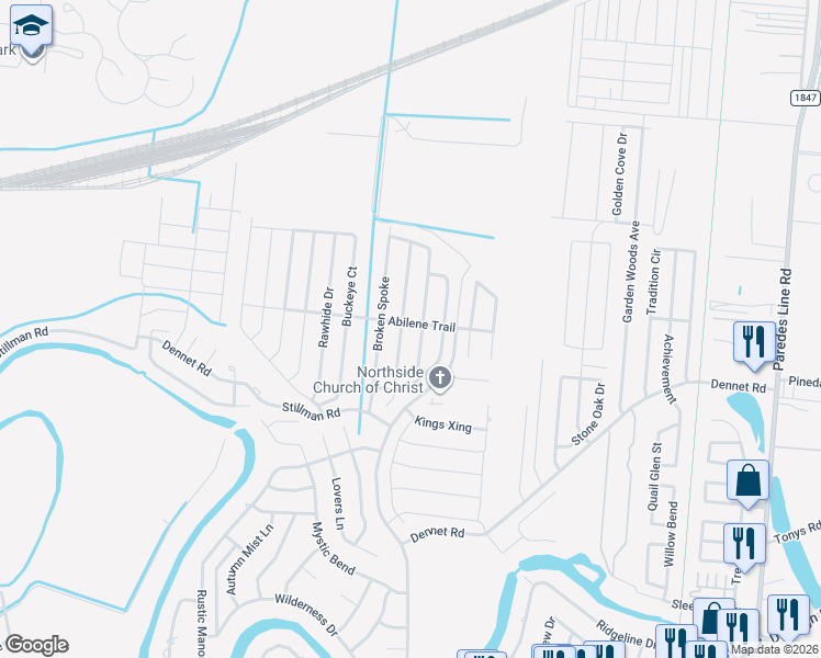 map of restaurants, bars, coffee shops, grocery stores, and more near 5842 Hitching Post Drive in Brownsville