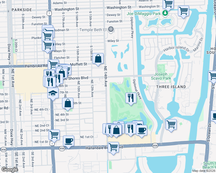 map of restaurants, bars, coffee shops, grocery stores, and more near 600 Northeast 14th Avenue in Hallandale Beach