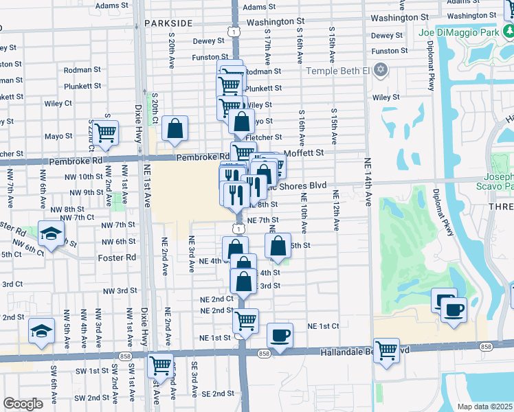 map of restaurants, bars, coffee shops, grocery stores, and more near 615 Northeast 7th Street in Hallandale Beach