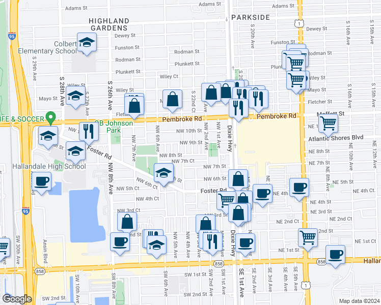 map of restaurants, bars, coffee shops, grocery stores, and more near 314 Northwest 7th Court in Hallandale Beach