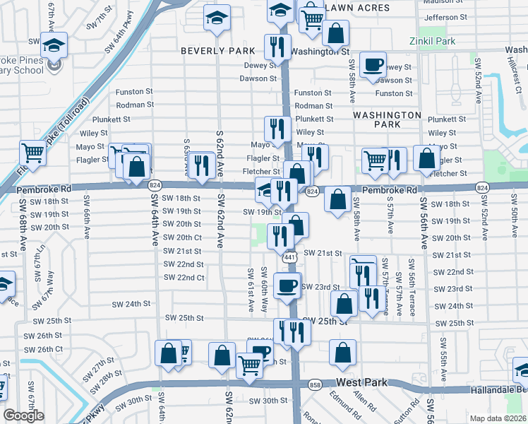 map of restaurants, bars, coffee shops, grocery stores, and more near in Miramar