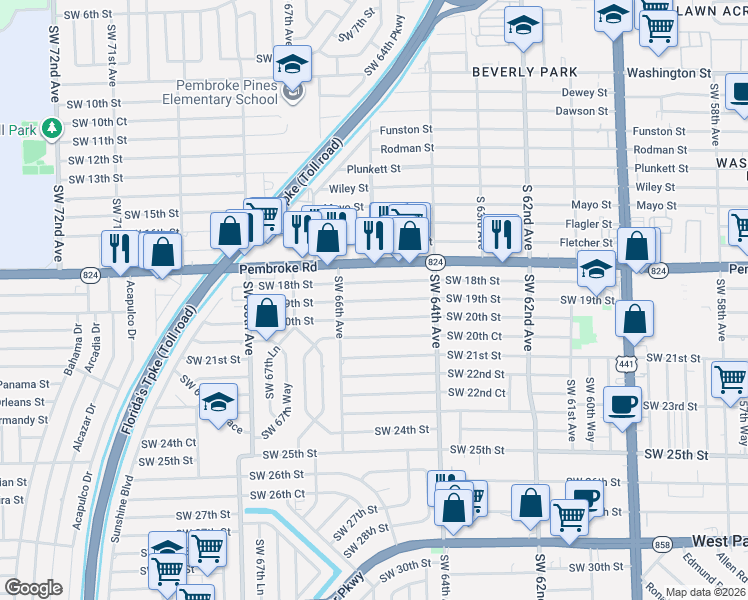 map of restaurants, bars, coffee shops, grocery stores, and more near 6530 Southwest 19th Street in Miramar