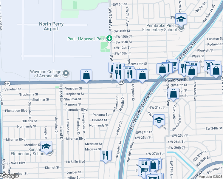 map of restaurants, bars, coffee shops, grocery stores, and more near 7241 Tropicana Street in Miramar
