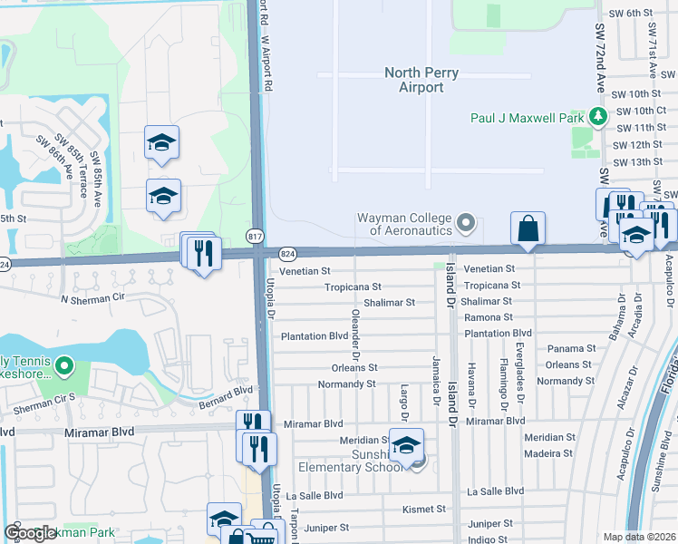 map of restaurants, bars, coffee shops, grocery stores, and more near 7917 Tropicana Street in Miramar