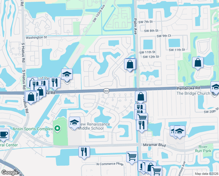 map of restaurants, bars, coffee shops, grocery stores, and more near 1839 Southwest 102nd Way in Miramar