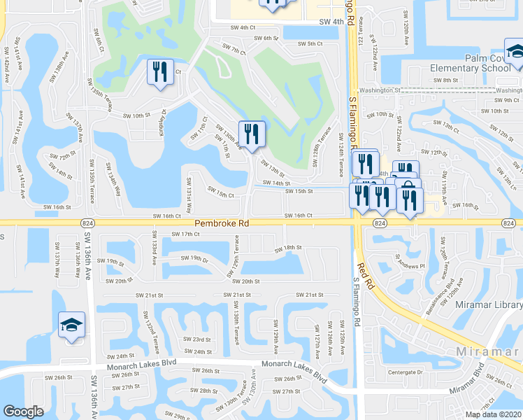 map of restaurants, bars, coffee shops, grocery stores, and more near 12817 Southwest 17th Court in Miramar
