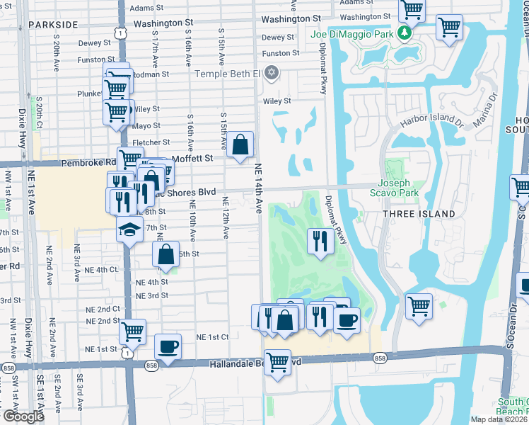 map of restaurants, bars, coffee shops, grocery stores, and more near 600 Northeast 14th Avenue in Hallandale Beach