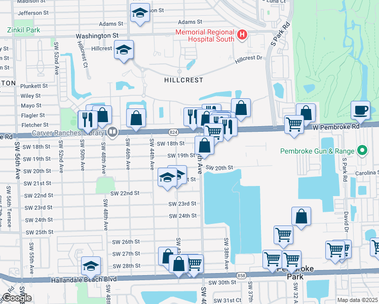 map of restaurants, bars, coffee shops, grocery stores, and more near 4024 Southwest 19th Street in West Park