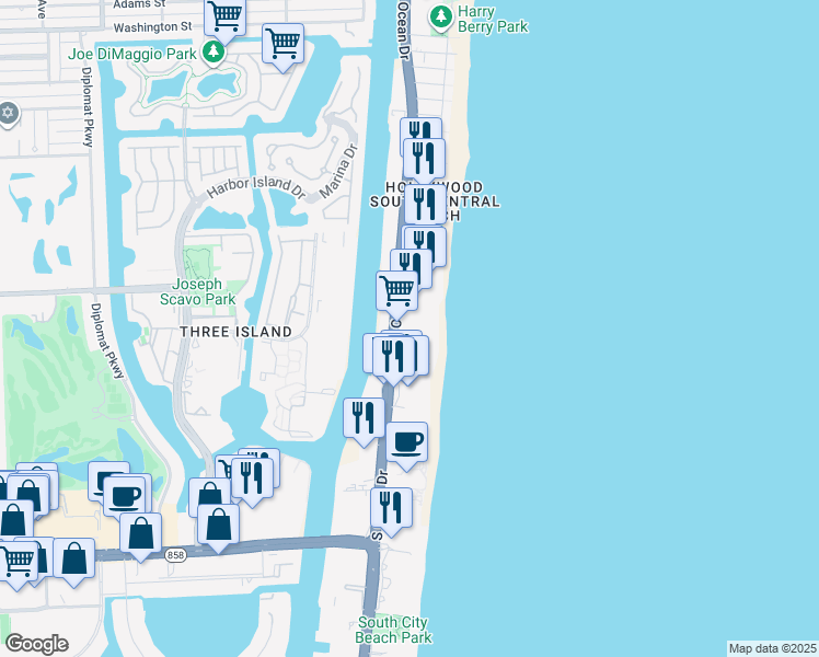 map of restaurants, bars, coffee shops, grocery stores, and more near 3301 South Ocean Drive in Hallandale Beach