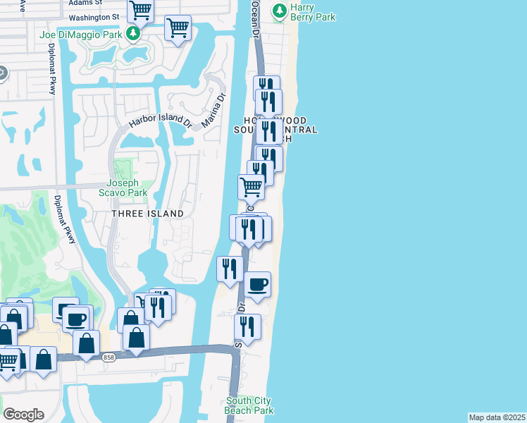 map of restaurants, bars, coffee shops, grocery stores, and more near 3301 South Ocean Drive in Hallandale Beach