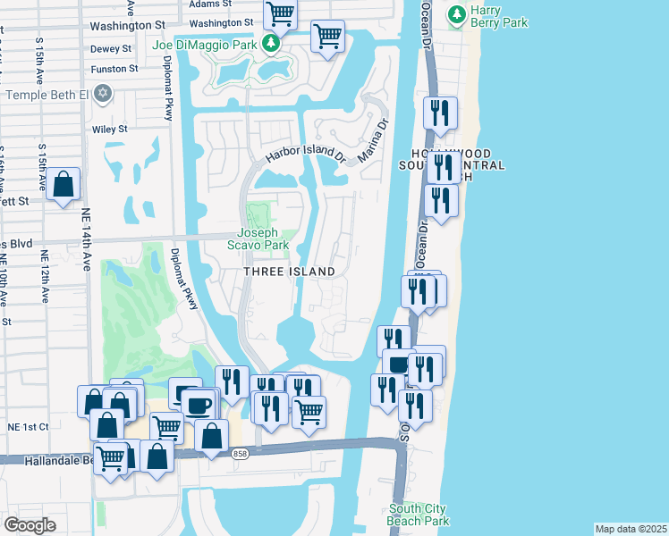 map of restaurants, bars, coffee shops, grocery stores, and more near 613 Leslie Drive in Hallandale Beach