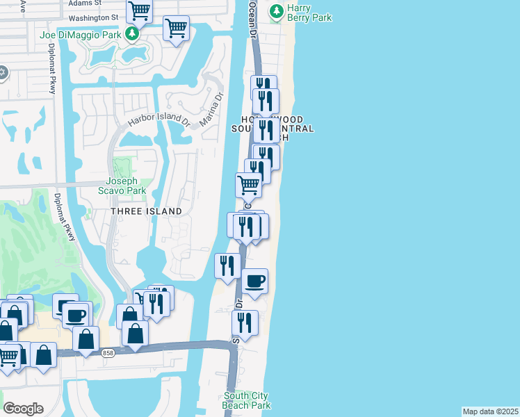 map of restaurants, bars, coffee shops, grocery stores, and more near 3301 South Ocean Drive in Hallandale Beach