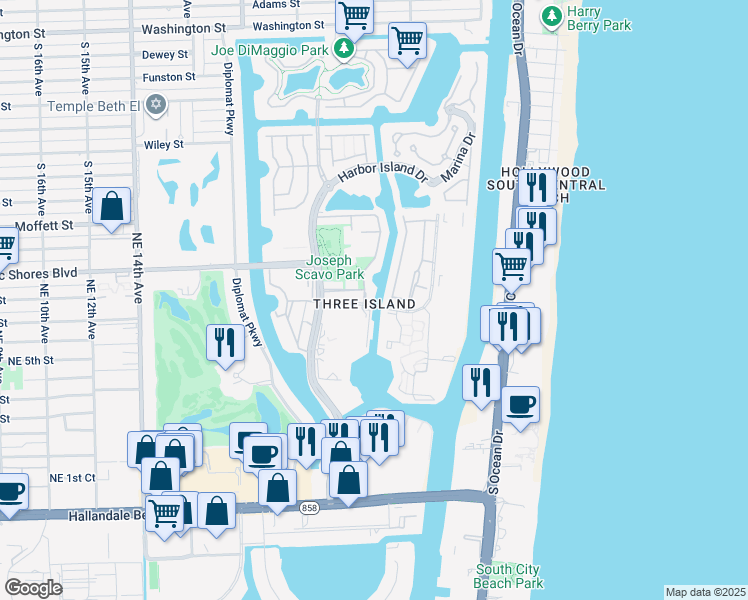 map of restaurants, bars, coffee shops, grocery stores, and more near 2601 Parkview Drive South in Hallandale Beach