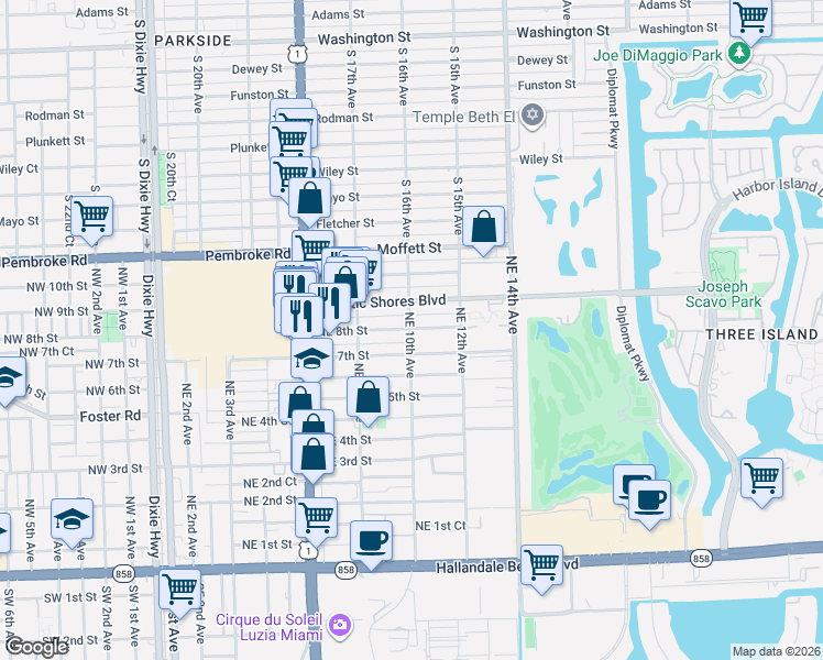 map of restaurants, bars, coffee shops, grocery stores, and more near 917 Northeast 7th Street in Hallandale Beach