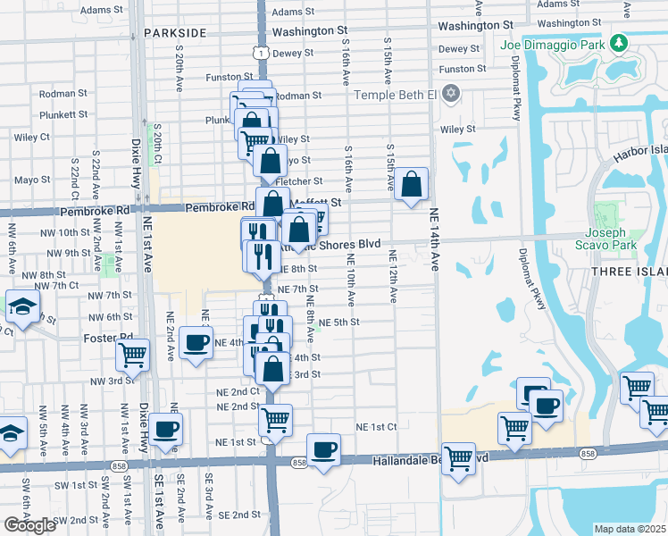 map of restaurants, bars, coffee shops, grocery stores, and more near 917 Northeast 7th Street in Hallandale Beach