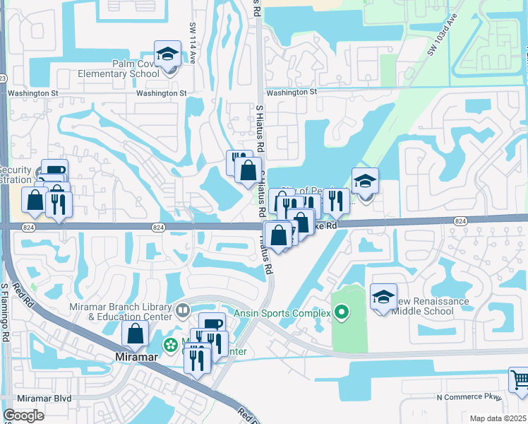 map of restaurants, bars, coffee shops, grocery stores, and more near in Miramar