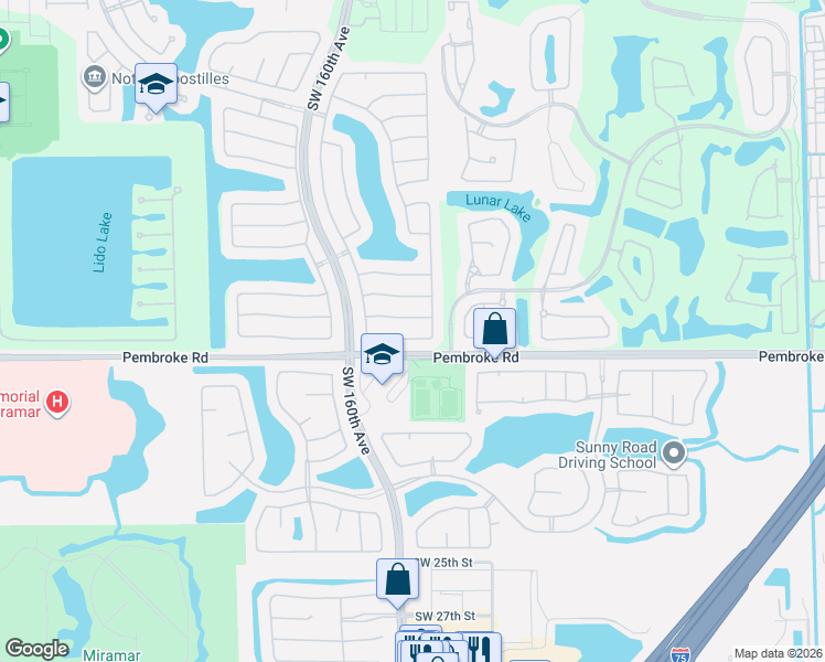 map of restaurants, bars, coffee shops, grocery stores, and more near 15960 Southwest 16th Street in Pembroke Pines