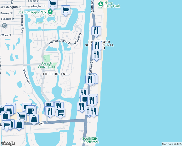 map of restaurants, bars, coffee shops, grocery stores, and more near 3301 South Ocean Drive in Hallandale Beach