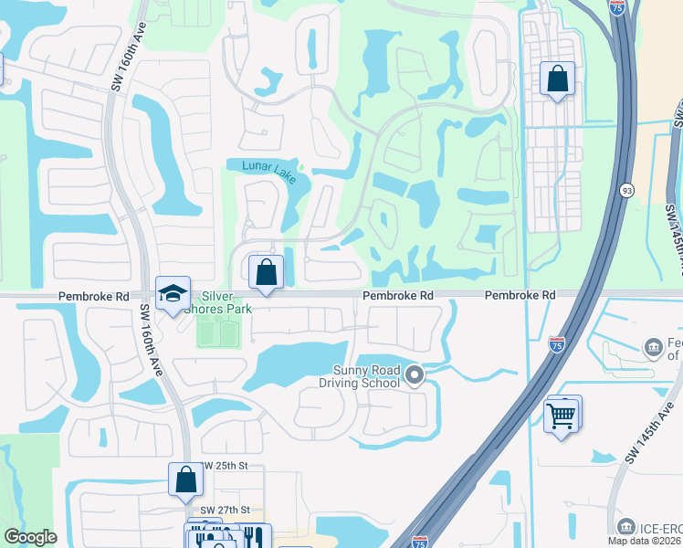 map of restaurants, bars, coffee shops, grocery stores, and more near 15608 Southwest 16th Court in Pembroke Pines