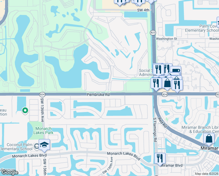 map of restaurants, bars, coffee shops, grocery stores, and more near 12817 Southwest 17th Court in Miramar