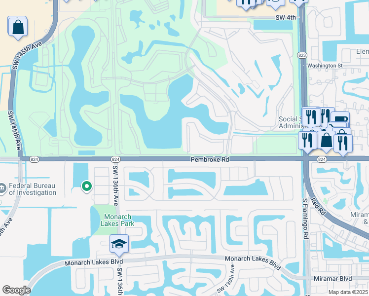 map of restaurants, bars, coffee shops, grocery stores, and more near 13131 Southwest 17th Court in Miramar