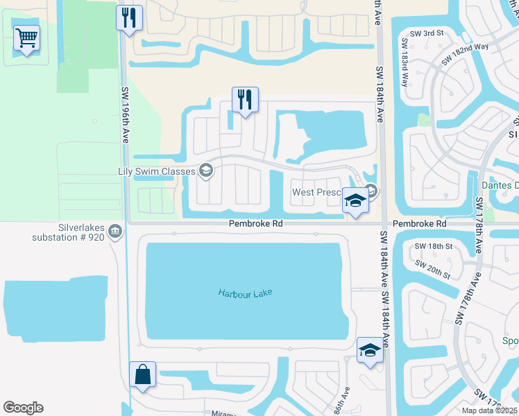 map of restaurants, bars, coffee shops, grocery stores, and more near 18920 Southwest 16th Street in Pembroke Pines