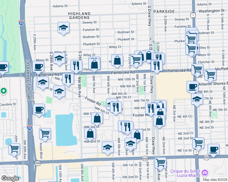 map of restaurants, bars, coffee shops, grocery stores, and more near 506 Northwest 8th Street in Hallandale Beach