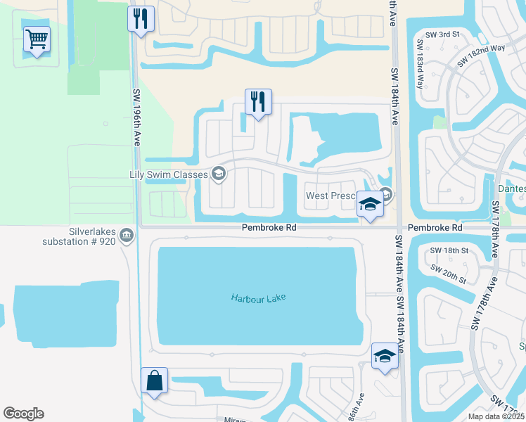 map of restaurants, bars, coffee shops, grocery stores, and more near 18920 Southwest 16th Street in Pembroke Pines