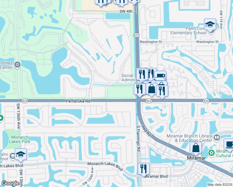 map of restaurants, bars, coffee shops, grocery stores, and more near 12651 Southwest 16th Court in Pembroke Pines
