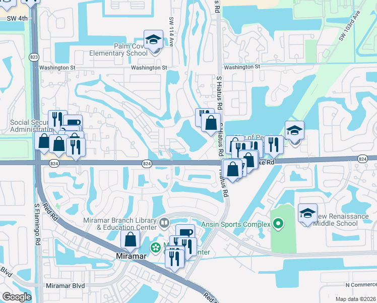 map of restaurants, bars, coffee shops, grocery stores, and more near 11389 Southwest 17th Court in Miramar