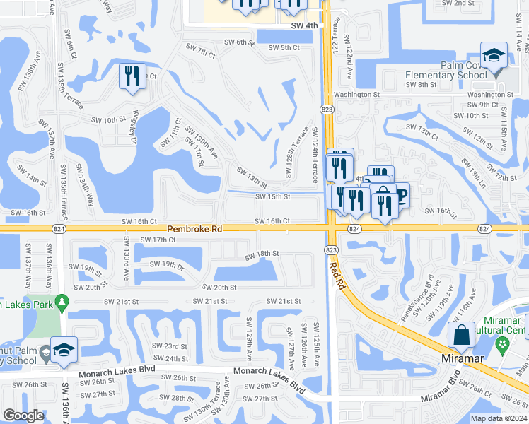 map of restaurants, bars, coffee shops, grocery stores, and more near 12696 Pembroke Road in Miramar