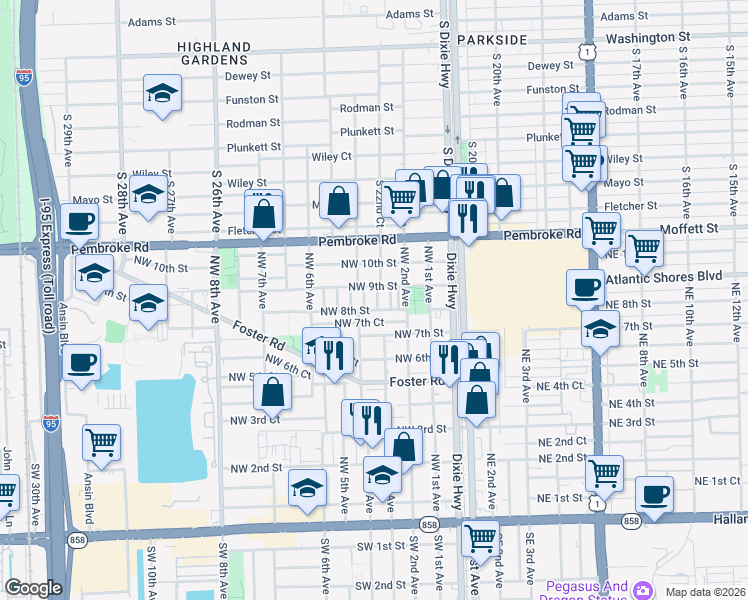 map of restaurants, bars, coffee shops, grocery stores, and more near 314 Northwest 7th Court in Hallandale Beach